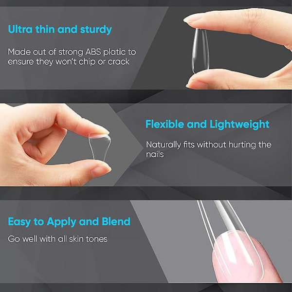 Falska naglar transparenta set (långa spetsiga) - Ett set med 120 full set transparenta nagelspetsar - Transparent spårlös skrubb