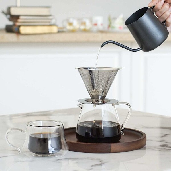 Dobbelt filterkop i rustfrit stål (medium base, kaffemaskine ikke inkluderet), papirfrit anti-rust filter, manuelt filter, glas dryp kaffemaskine, co