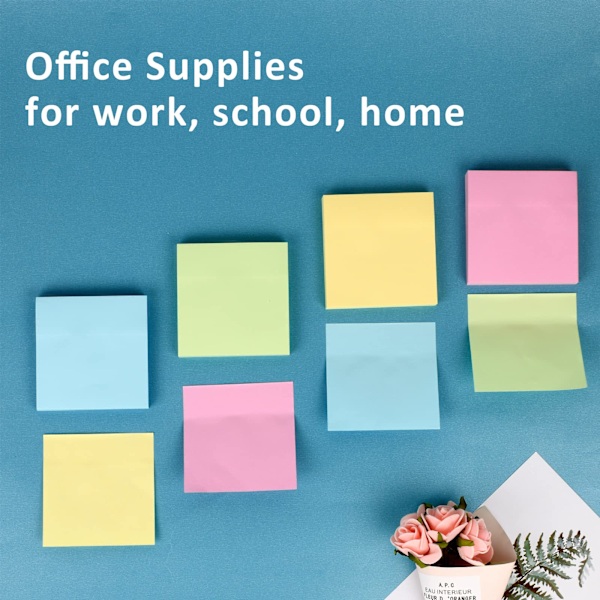 Post-it-lappar 3x3 tum 1-pack 100 färgglada självhäftande block, 100 ark/block, 4 ljusa färger (gul, grön, rosa, blå) för kontorsmaterial, sc