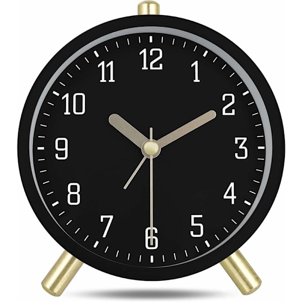 Klassisk sort metal moderne lydløs analog alarmur med simpelt dekorativt lys til soveværelsesseng 11cm