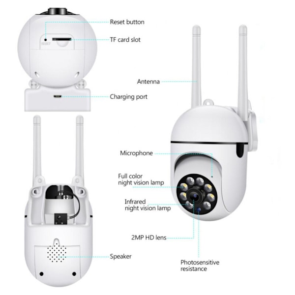Kamera System Intelligent WiFi 1080p Trådløst Overvågningskamera Nattesyn Roterende 360 ° Tovejs samtale App Fjernbetjening trådløs c