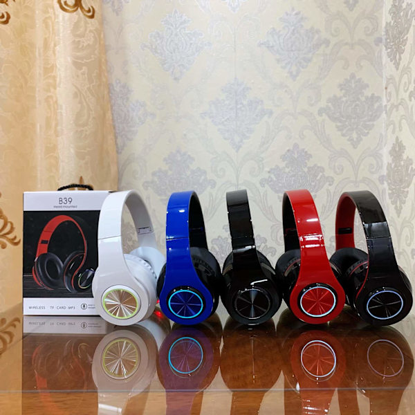 (B39 Bluetooth Headset UV Foldable Sports Headband Wireless Headphones Illuminated Stereo Sound Black)