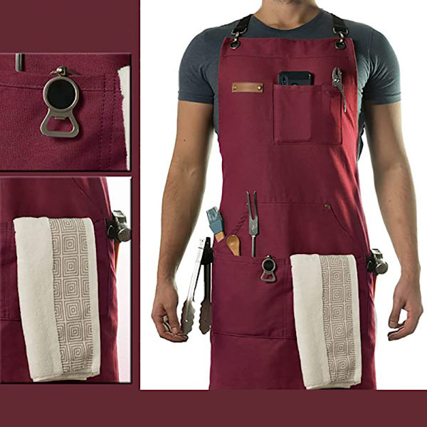 (Röd) Barber Apron med Verktygsficka - Canvas Apron med Snabbstängning, Justerbar Bokväska, för Män och Kvinnor