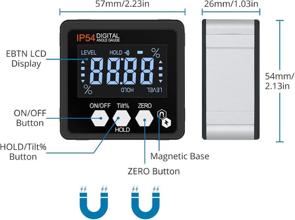Digitalt magnetisk inklinometer LCD bærbart digitalt inklinometer hellingsmålernivå med bakgrunnsbelysning, IP54 vanntett