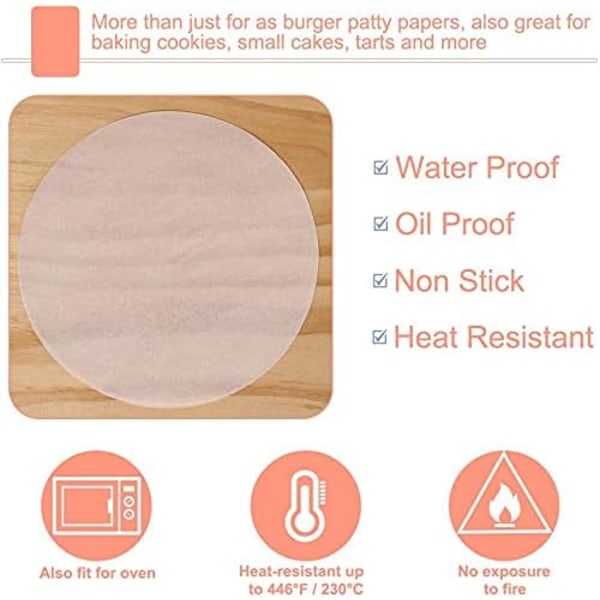 Burgerpapir, Rund Pergamentpapir, Non-stick Papir Zuschnitte for Perfekte Hamburger, Cheeseburger, Patties - Vokspapir Non-stick Papir Bagepapir