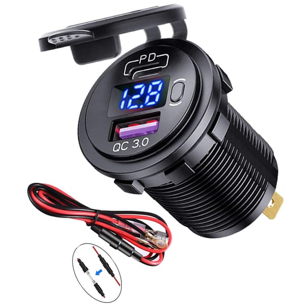 USB/QC3.0 og PD/Type-C Billader Stikkontakt med LED Digital Voltmeter og Vandafvisende Afbryder til 12V/24V Biler Både Motorcykel