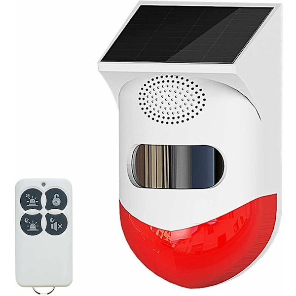 Solcellsdriven Stroboskopisk Larmlampa med Rörelsesensor Utomhuslarmsiren med Fjärrkontroll 120dB Hög Säkerhetssiren IP67 Vattentät och 4 Lägen för Hem, Fa