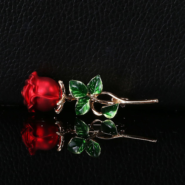 Ros Brosch i form av blomma med emaljerade blad, dekorativ brosch med blommotiv för kvinnor, fest, bankett, bröllop, röd 1, 5,7*1,8 cm