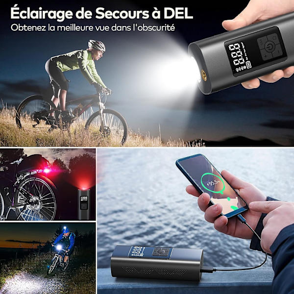 6000mAh Mini Elektrisk Luftpump, Bärbar Luftkompressor Sladdlös Däckuppblåsare 150PSI med Digital LCD-display, Elektrisk Cykelpump med LED-ljus fo