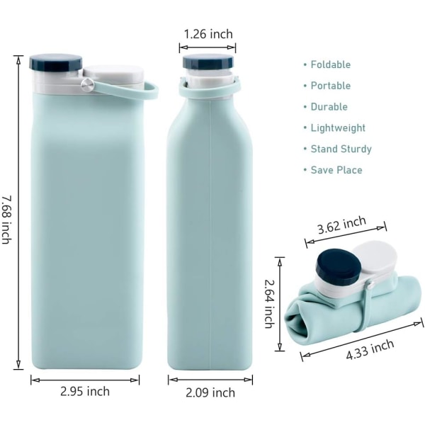 BPA-vapaa kasaantaittuva vesipullo 2-pakkauksessa - Kasaantaittuva vesipullo matkalle, urheilupullot kolminkertaisella tiivistyksellä, kevyt 20oz (sininen)