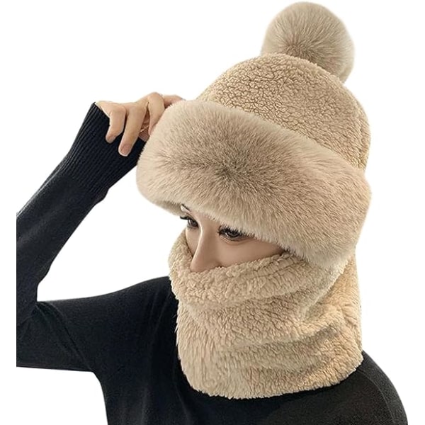 Dam vinter varm mössa, dam vinter mössa och halsduk i ett, fashionabel cykling vindtät tjockad halsduk mössa balaclava mössa med pom pom(Khaki)