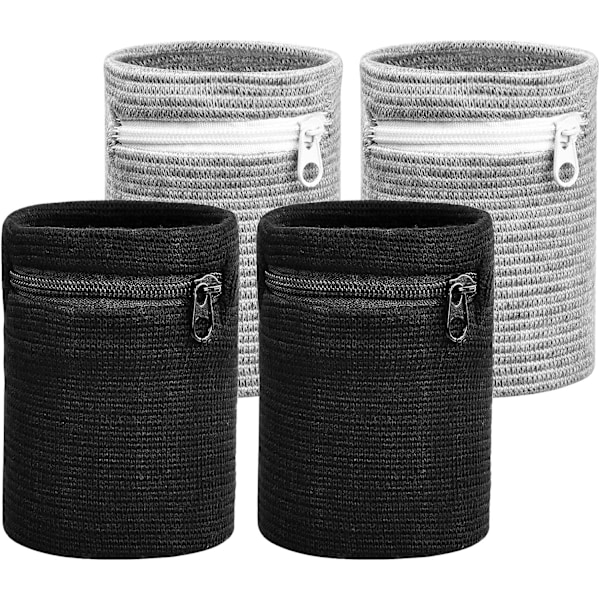 Svart + Grå - handledsskydd, 4-pack handledsskydd med dragkedja, sport handledsskydd, absorberande sport handledsskydd, med fickor, nycklar, silver, korthållare för löpning