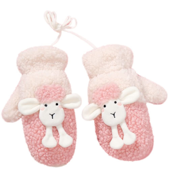Vinterhansker Fluffy Animal Hansker Plysj Sau Hansker med Snøring Full Finger Hansker Vinter Varme Hansker, Rosa
