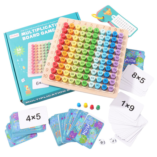 Træ multiplikationsspil. Lærende matematik brætspil med kort og terninger