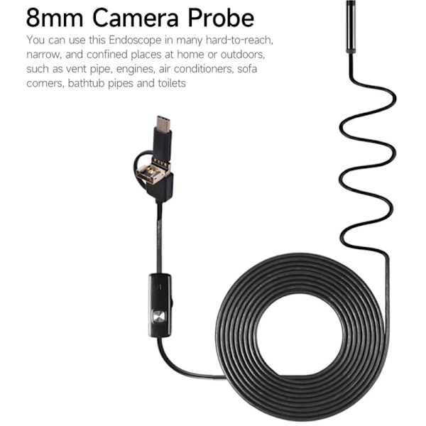 3-in-1 endoskooppi matkapuhelimelle tyyppi-C + micro USB + USB Endoskooppi 6 LEDiä Säädettävä kamera 8 mm Resoluutio 1280 720 IP67 Vedenpitävä