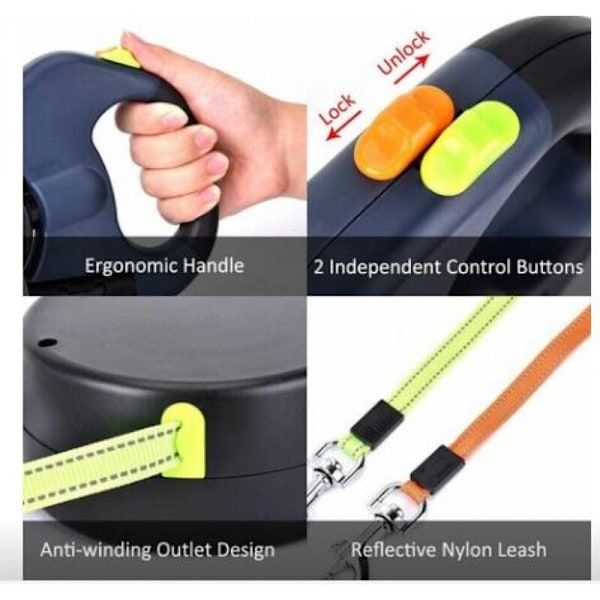 Dobbel innfellbar kobbel for 2 hunder, hundekobbel med LED-lys og 3M kobbeldispenser