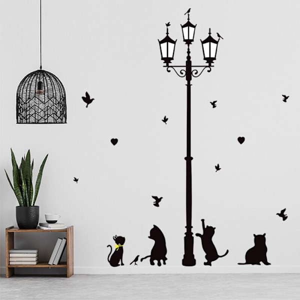 Katt veggklistremerker under en gulvlampe for kreativ personlighet hus rom stue - svart