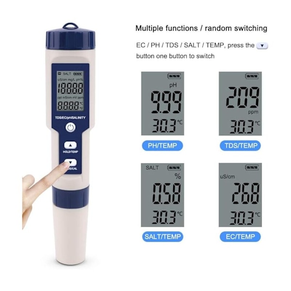 5 i 1 Vandtester Multifunktionel Vandkvalitetstester, TDS/EC/Salinitet/PH/Temperatur Digital Måler til Drikkevand, Pool, Akvarium, Fisketank,