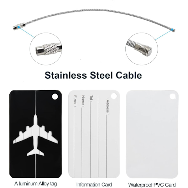 Svart - 6 stk. bagasjelapper Flybagasjelapper Aluminium bagasjelapper med rustfritt ståltau og vanntett PVC-kort bagasjelapper (6 stk.)