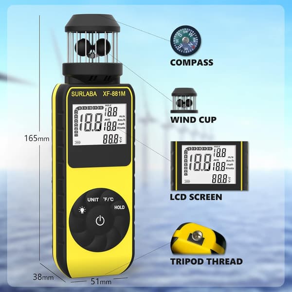 Vindkopp Digital Anemometer, Utomhus Vindhastighetsmätare 0,7~42m/s, Bärbar Anemometer Mät MAX/AVG Vindhastighet och Temperatur (℃/℉), Luftflöde