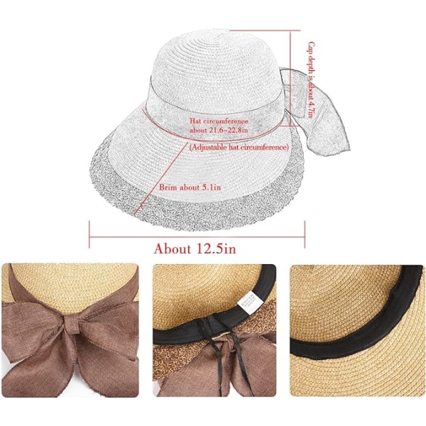 Dame Solhatt av Halm - Sommer Strand Bred Brede - Justerbar Lett Foldbar/Foldbar Reise med UV Upf50 Beskyttelse