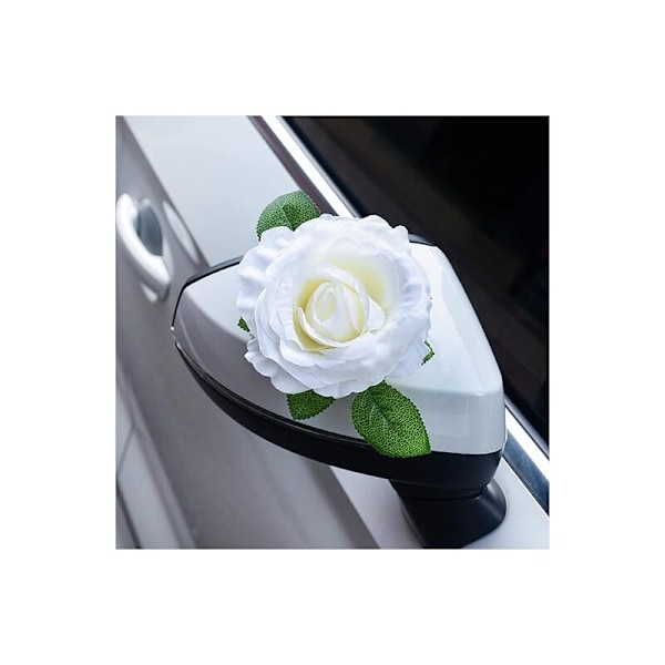Bryllupsbildekorasjon, bryllupsbildekorasjonssett, hvite kunstige blomster og hvitt bånd til bryllupsbil, bryllupsbildekorasjon