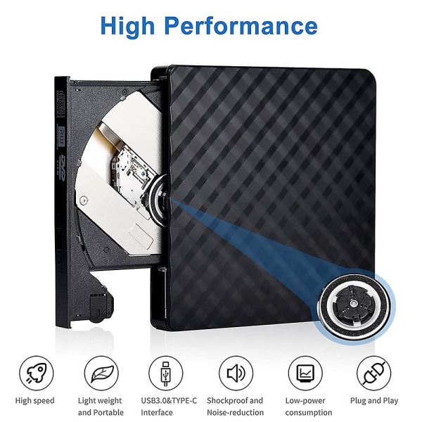 Ekstern DVD-drev, USB 3.0 Type-c brænder, læser, bærbar til pc, bærbar computer, Macbook, Mac, Windows 7/8/10