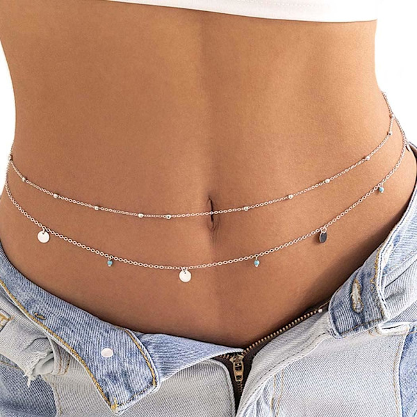 Sølv - 1 stk boho dusk kjede sølv turkis magekjede kaskade perle midjekjede bikini body smykke for kvinner og jenter.