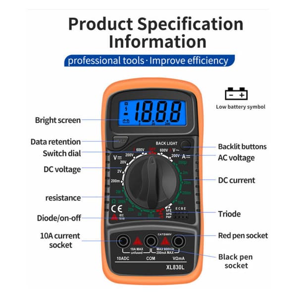 Multimeter, Ohmmeter og Amperemeter Digital Multimeter XL830L 2000 Tællinger Mini Multimeter Batteritester Strøm Spænding AC DC Modstand Buzzer Transi