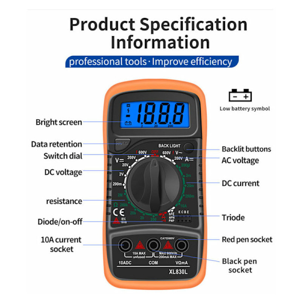 Multimeter, Ohmmeter og Amperemeter Digitalt Multimeter XL830L 2000 Teller Mini Multimeter Batteritester Strøm Spenning AC DC Motstand Summer