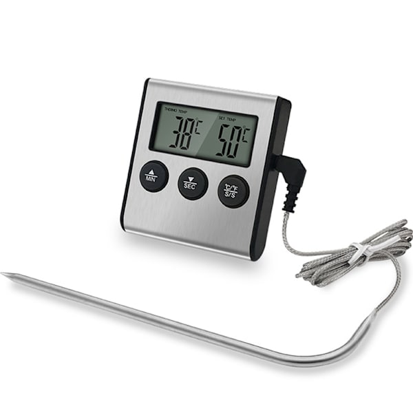 'Køkken' Magnetisk Digital Kødmåler med Timer, Batteri Inkluderet Sort Sølv - Universal Ovn Kødmåler Grill Madtermometer