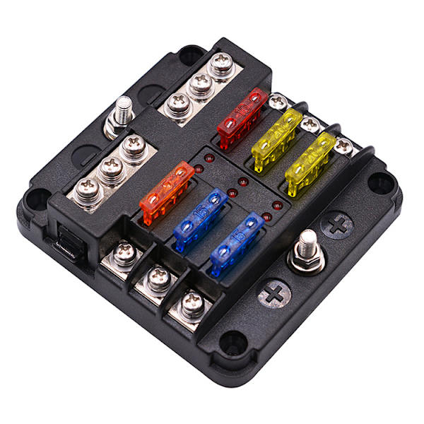 6-vägs 12V säkringsbox, säkringshållare blad säkringsblock med 16 säkringar 6 LED-indikatorlampor skyddande lock för 12V/24V bilfordon båt marin lastbil