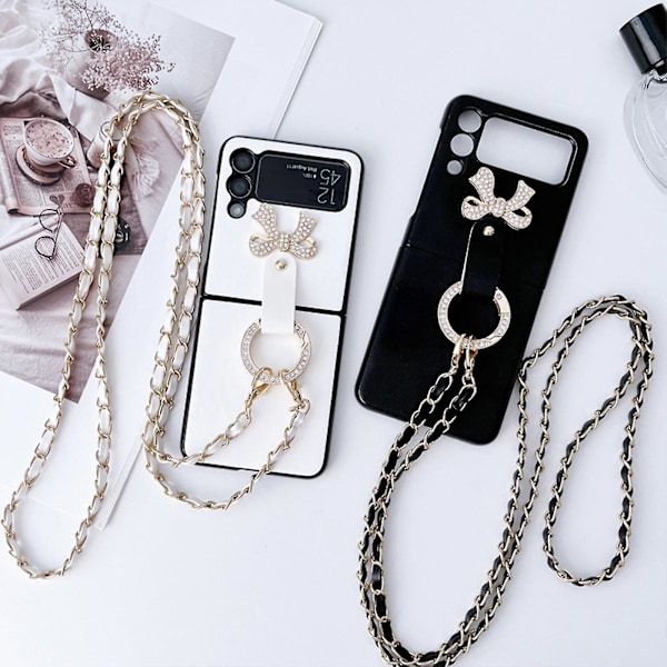 PU-skinnveske kompatibel med Samsung Galaxy Z Flip 3/4, crossbody-lanyard beskyttende deksel med ringholder for Galaxy Z Flip 4 hvit