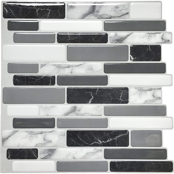 10 kpl, musta ja harmaa tarralaatat marmorikuviolla, Mos