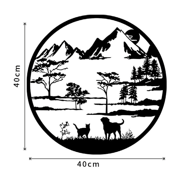 Vuoristo- ja metsäaiheinen metallitaulu, koira- ja kissaseinäkoriste, rustiikkinen seinäveistos, sisä- ja ulkokoriste 40 cm