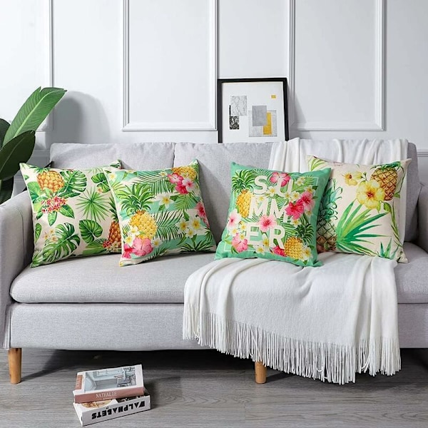 Utekuddöverdrag, Set om 4, Vattentäta Tropiska Växter Ananas Mönster för Soffa, Uteplats, Trädgård, Vardagsrum, Sovrum, Dekoration, 45 x 45 cm