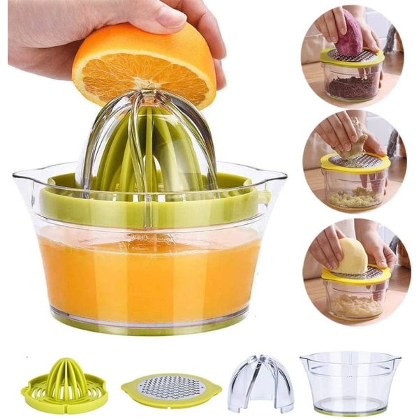 Manuell Juicer Sitronpresser, Multifunksjonell Appelsin Sitrus Juicer, Manuell Fruktpresse med Innebygd Målekopp og Rivjern, 12 oz, Grønn