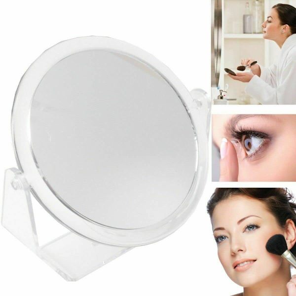 Reversibel lite toalettbordsspeil for reise, sminke, bryn, barbering - 15 cm med 360° gjennomsiktig svingstativ.