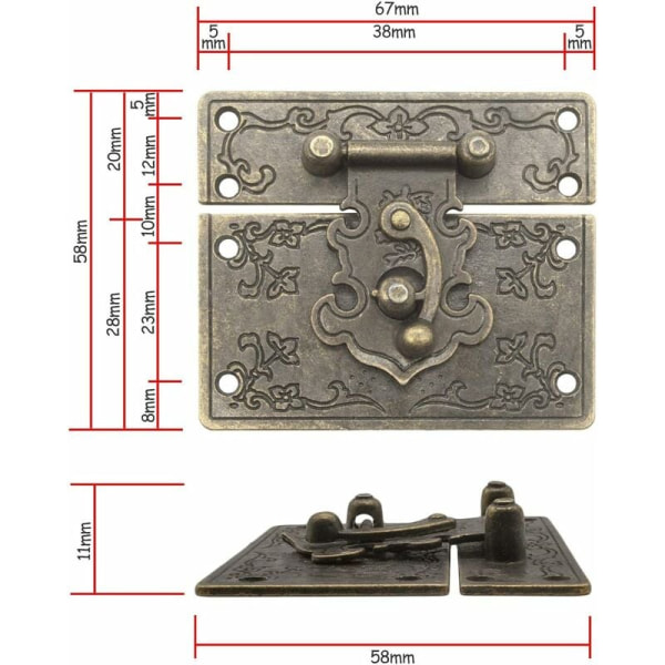 Set med 2 antika spännen, låshakar, bronsjärnlås, skjutande bröstkorg, 67 x 58 mm med skruvar, set med 2，T-Audace