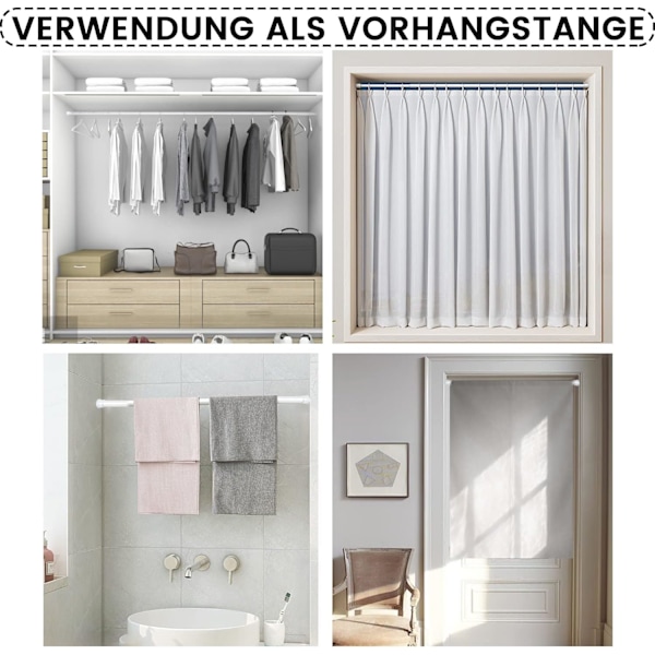 Set med 3 Utdragbara Stänger Utan Borrning, Metall Självlåsande Stång, Utdragbar Klämstav, Längd 55-90 cm, Vit