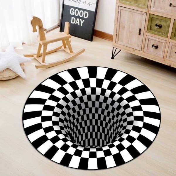 3D Rundt Tæppe Sort Hvid Illusion Tæppe, Skridsikkert Dørmåtte til Hjemmeindretning Tæppe (60cm)