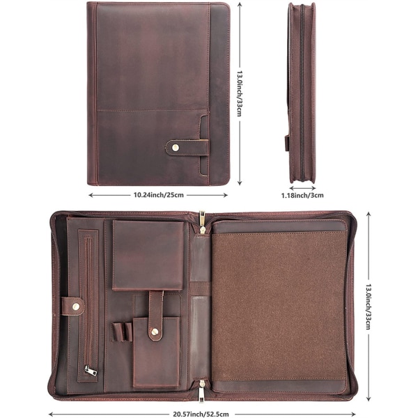 Personlig A4 dokumentmappe, A4 læder dokumentmappe med lynlås, notesblokholder, foldbar arrangør, mørkebrun, gave til mænd