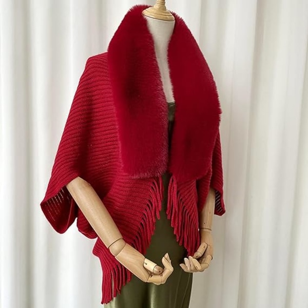 Stickad tjock damlös sjal poncho cape vändbar överdimensionerad lång stickad varm wrap för kvinnor damer på vintern (röd)