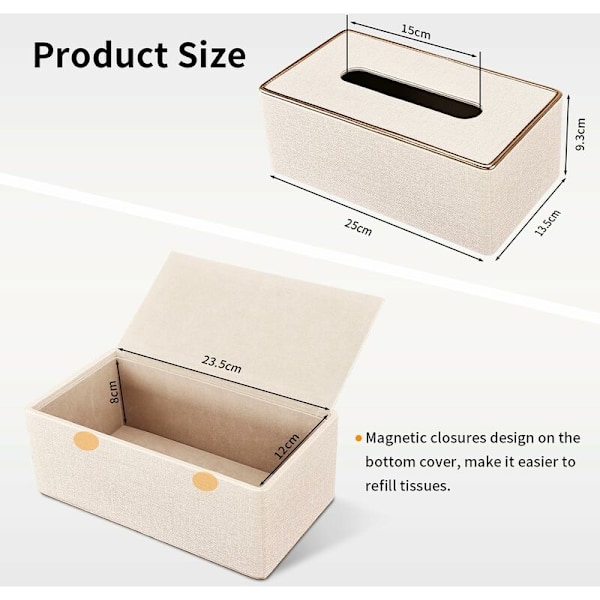 Högkvalitativ näsdukbox i läder, rektangulär näsduksbox, l x b x h: 25 x 13,5 x 9,5 cm (beige)
