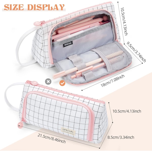 Stort pennfodral, bärbart pennfodral med stor kapacitet, sminkväska kontorsmaterialpåse Kawaii sött pennfodral för pojke flicka tonåring (rutigt)