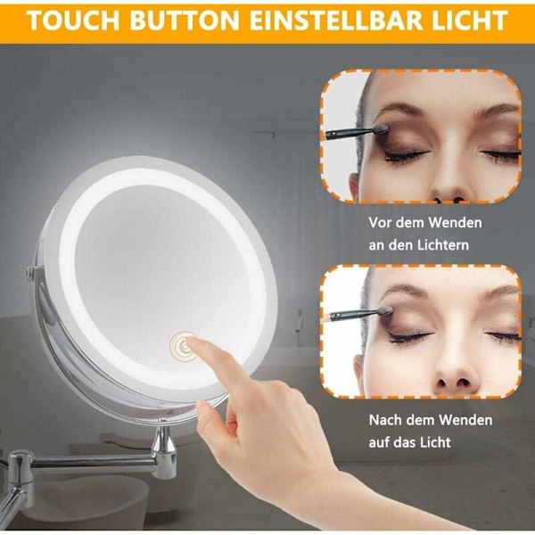 LED Belyst Sminkspegel, Väggmonterad 1x/3x Förstoring Dubbelsidig Sminkspegel, 360° Vridbar, Vikbar, Rakningsspegel, Krom Metall för Badrum