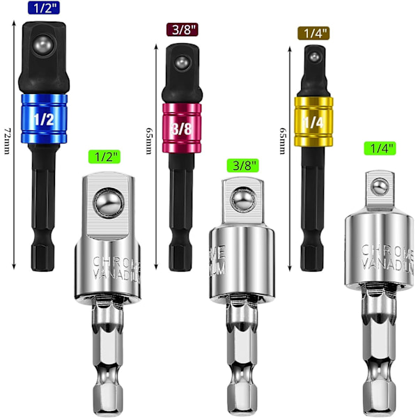 7-delt Sokkeladaptersett for Elektrisk Drill Universal 3 Hex Skaft Sokkeladapter, 3-delt Sokkeladapter for