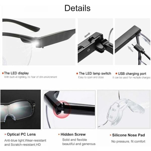 Forstørrelsesglas med 2 LED'er, 3x forstørrelsesglas med LED-lys, oplyst forstørrelsesglas til læsning, alt præcisionsarbejde, reparationer, syning, ure m.m.