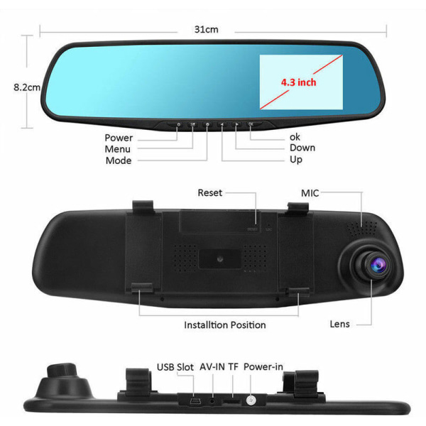 Auton kojelautakamera DVR 4,3 tuuman näyttö 1080P kaksoisobjektiivi Auton kameran videonauhuri Taustapeili peruutuskameralla