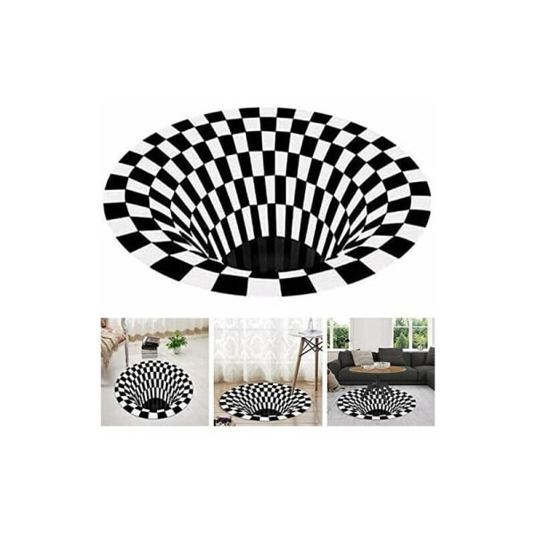 Rundt svart-hvitt rutenett teppe, 3D Vortex Illusion teppe, 3D Vortex teppe soverom stue, 3D teppe gulvmatte, Vortex Illusion teppe, geometrisk optisk teppe